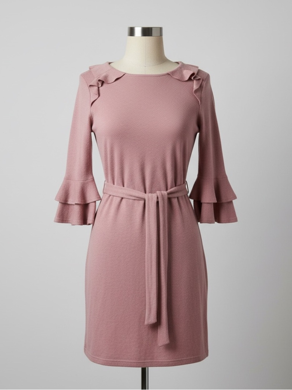 Rose Pink Ruffle Bell Sleeve Tie-Waist Sweater Dress - Size L